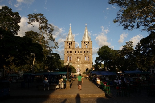 Cathedral in central plaza (Jardin, Colombia)