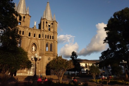 Cathedral in central plaza (Jardin, Colombia)