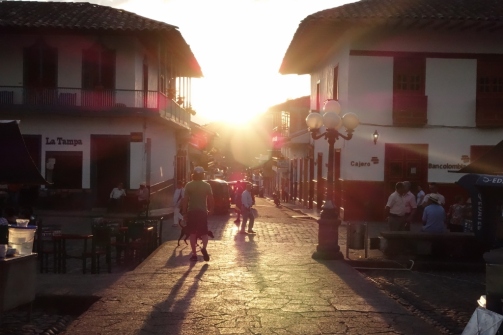 Sunset over the central plaza (Jardin, Colombia)