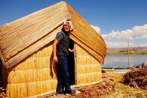 Huts on Uros floating reed island