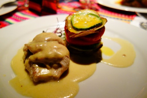 White fish with artichoke sauce and blue cheese cream