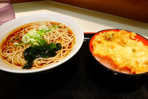 Soba noodles in broth & deep fried oyster fritter over rice (Tokyo, Japan)