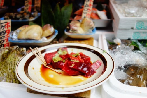Sashimi samples near Tsukiji fish market (Tokyo, Japan)
